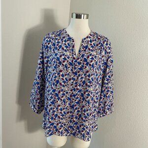 NYDJ Womens Large 3/4 Sleeve Blouse Leaf Print Tunic Top V Neck Shirt